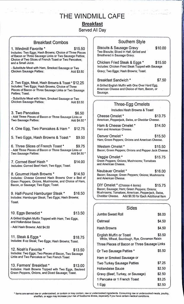 Windmill Cafe Menu 1
